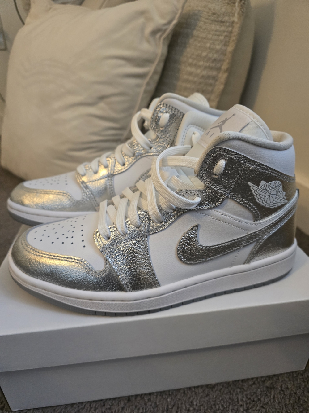 Nike Air Jordan 1 Mid White/Silver Womens Sneakers - Picture 2 of 6